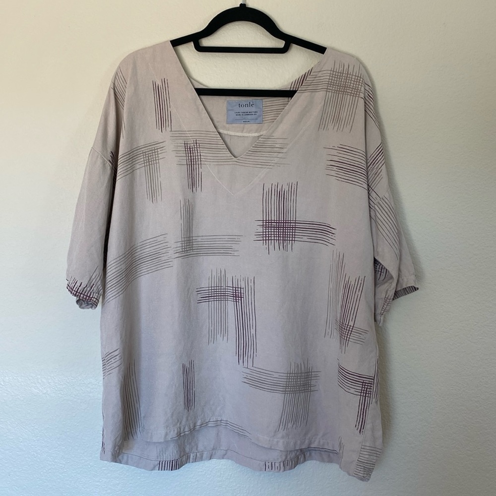 Tonle Vneck linen blouse women’s medium handmade taupe maroon EUC
